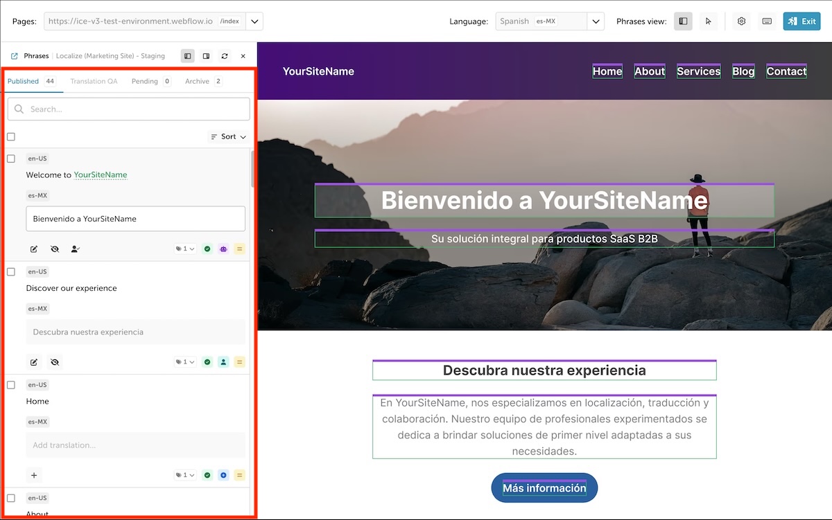 ICEv2 in action cropped.png In the Sidebar you can easily handle your translation workflows