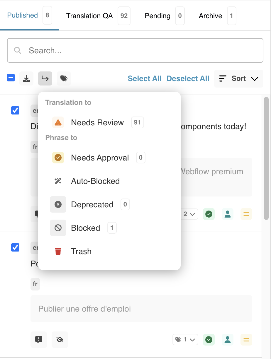 ICEv2 Control Panel.png Move phrases between workflow bins with bulk selection