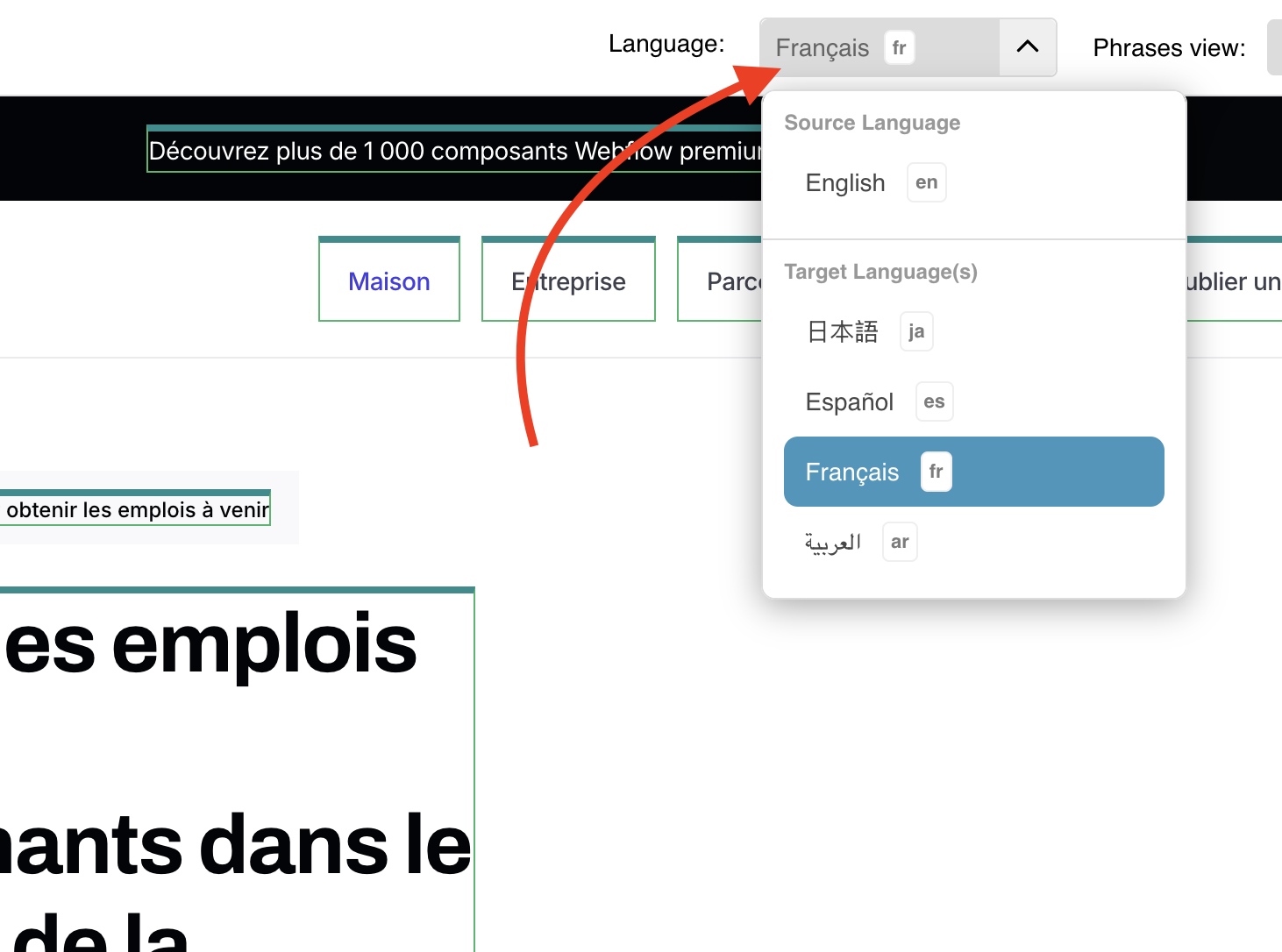 Set your active language in the top bar